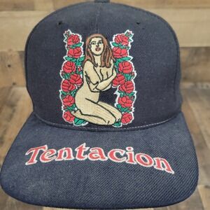 Vintage Azteca Black Hat Adjustable Strap Embroidered Nude Naked Woman‎ w/ Roses